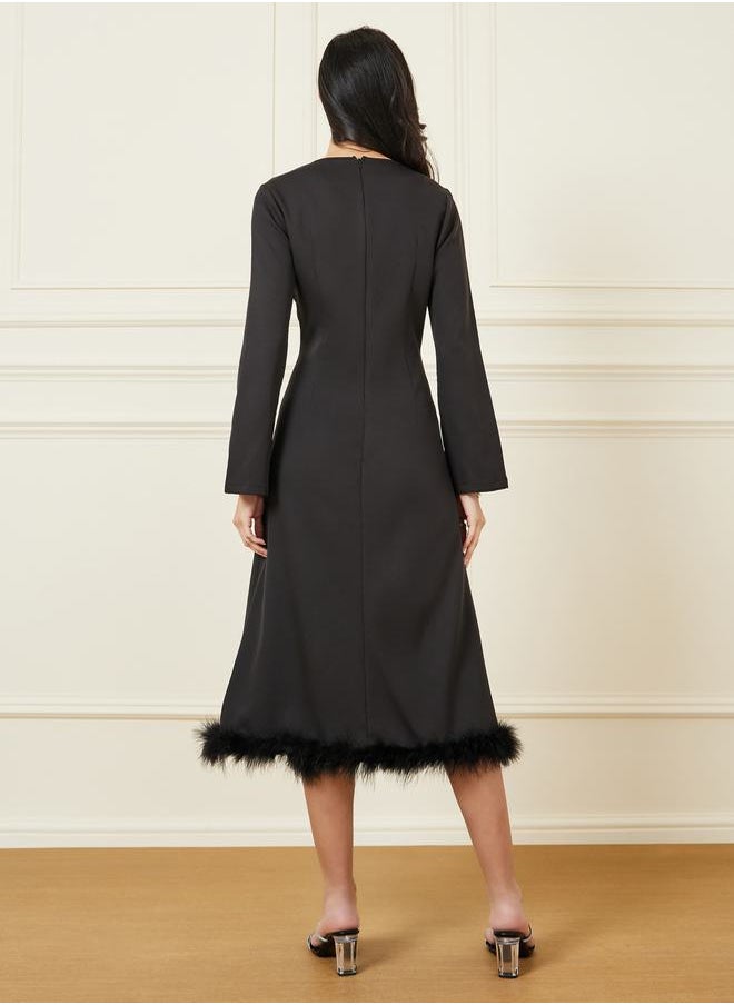 Styli - Faux Feather Hem Midi Dress with Long Sleeves - Image 1
