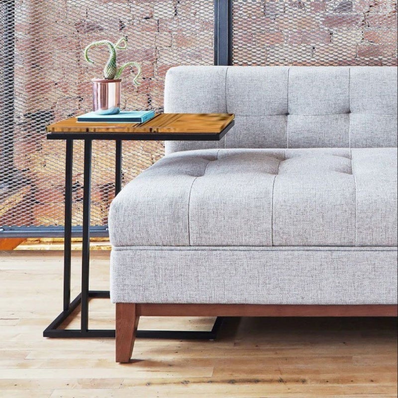 HIRVALL Classic Side End Coffee Table with Metal Mesh Storage Basket or Laptop Mobile Snack Table for Home Office or Living Room Wood Look Accent Furniture Brown I Shape End Table - Image 3