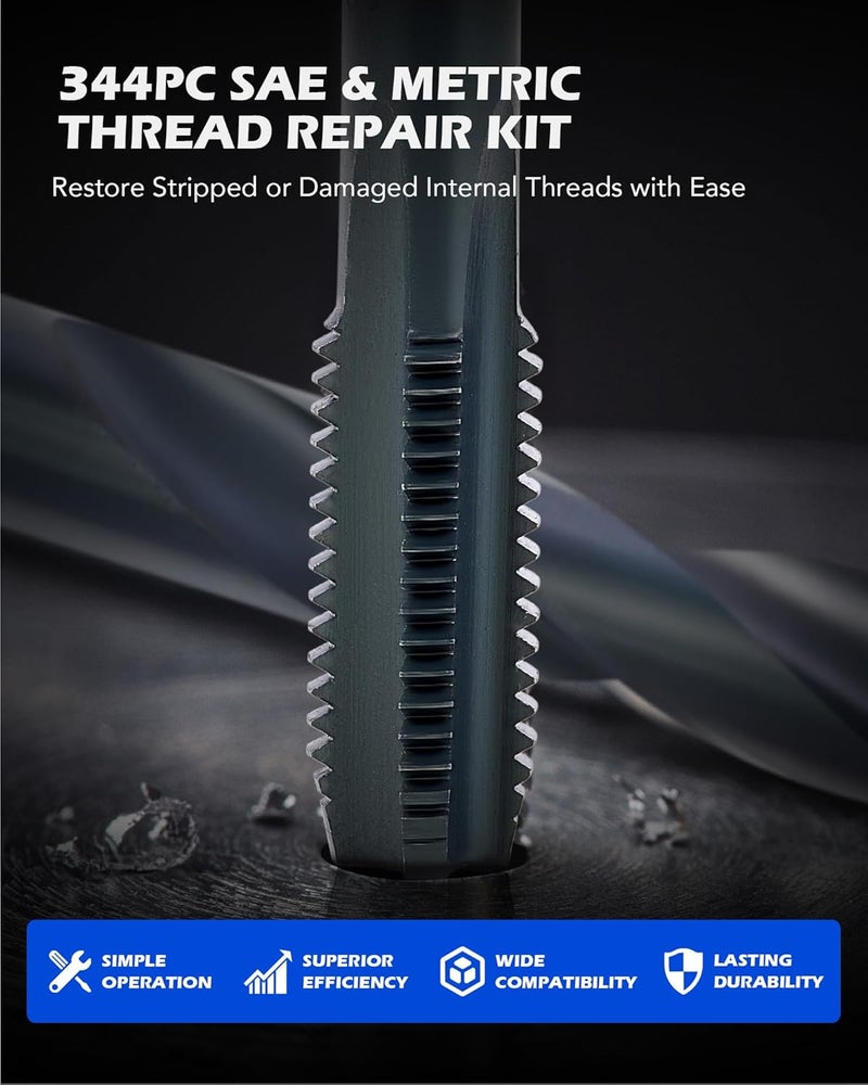Orion Motor Tech مجموعة إصلاح الخيوط Orion Motor Tech المكونة من 344 قطعة، مجموعة إصلاح Helicoil SAE والمتري مع مثاقب HSS وبراغي تنقيط وإدراجات، مجموعة أدوات استعادة إعادة الخيوط الآلية بمقاسات 1/4" و5/16" و3/8" و7/16" و1/2" وM5 وM6 وM8 وM10 وM12 - Image 2
