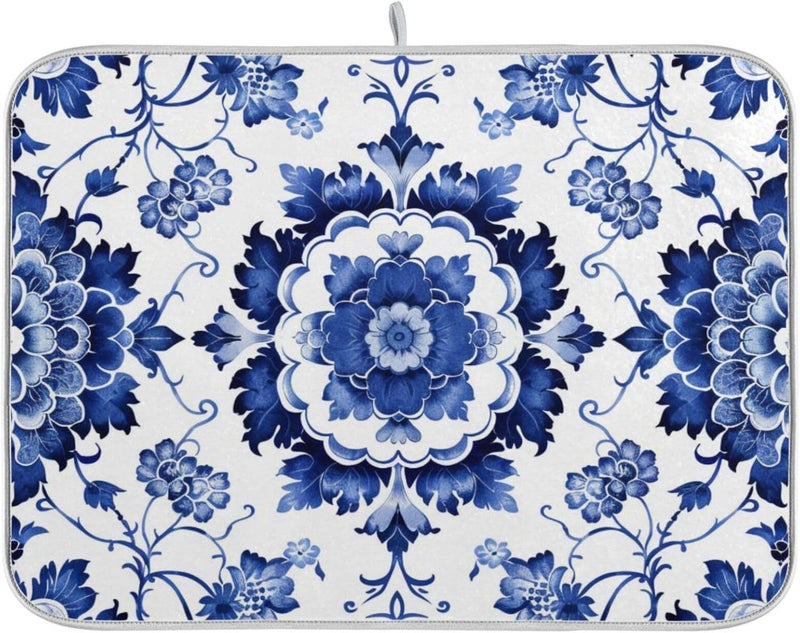 senya Boho Dish Drying Mat for Kitchen Counter, Blue White Porcelain Pattern Drying Pad Absorbent Dishes Drainer Mats Trivet 16 x 18 Inch - Image 1