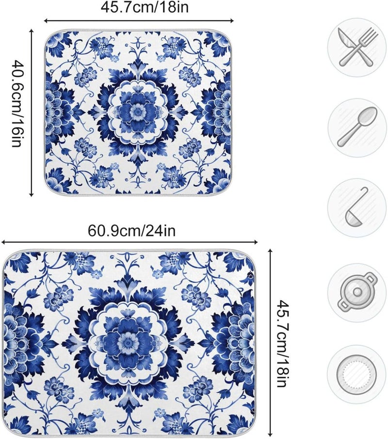 senya Boho Dish Drying Mat for Kitchen Counter, Blue White Porcelain Pattern Drying Pad Absorbent Dishes Drainer Mats Trivet 16 x 18 Inch - Image 2
