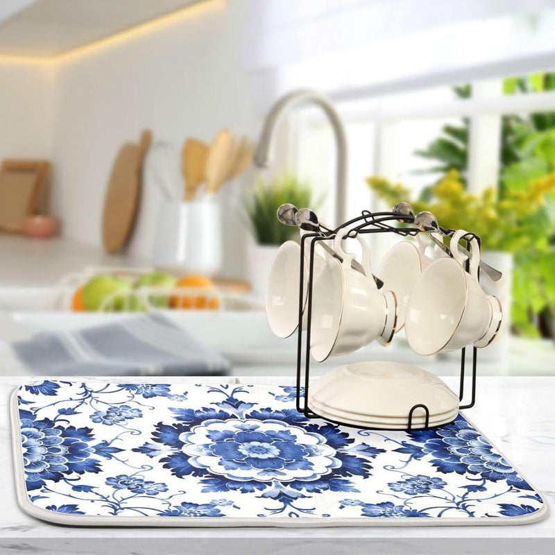 senya Boho Dish Drying Mat for Kitchen Counter, Blue White Porcelain Pattern Drying Pad Absorbent Dishes Drainer Mats Trivet 16 x 18 Inch - Image 5