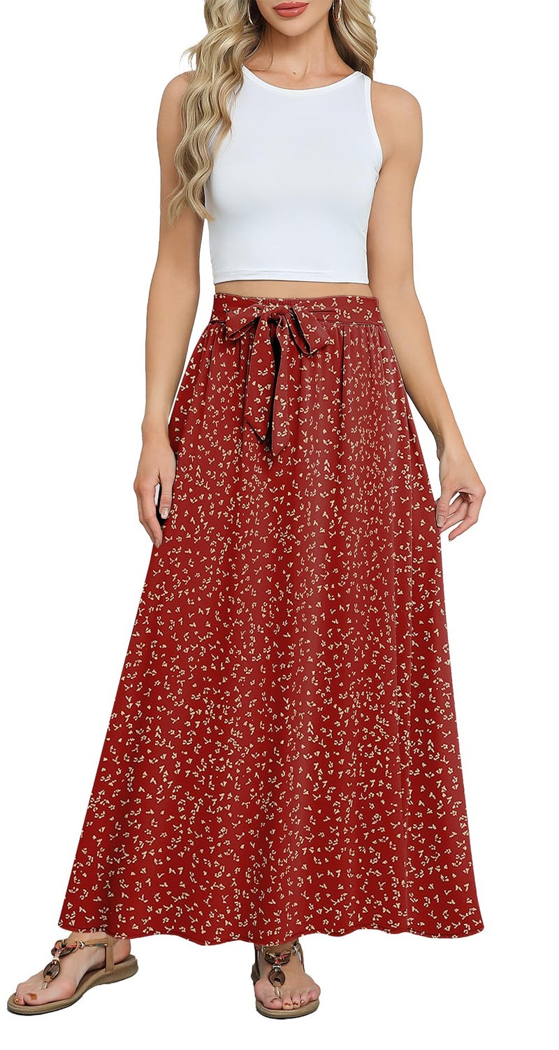 Askyes Womens Skirts 2024 Summer High Waisted A-Line Casual Work Tie Knot Flowy Swing Long Skirts with Pockets,Orange Red,M - Image 3