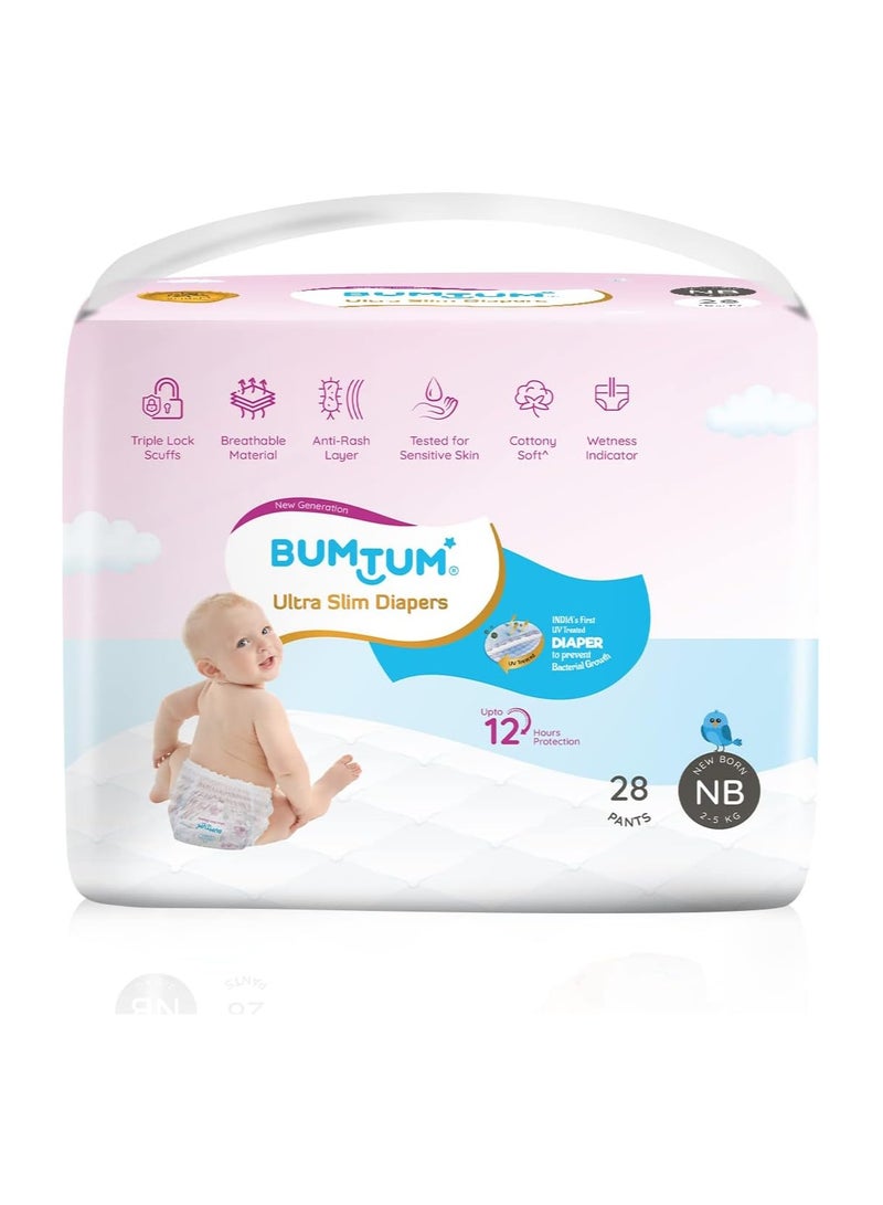Bumtum Ultra Slim Diaper Pants | UV Protected |New Born Size | Pack of 1 (28 Pants) | Bubble Layer & 12 hrs. Protection | Wetness Indicator