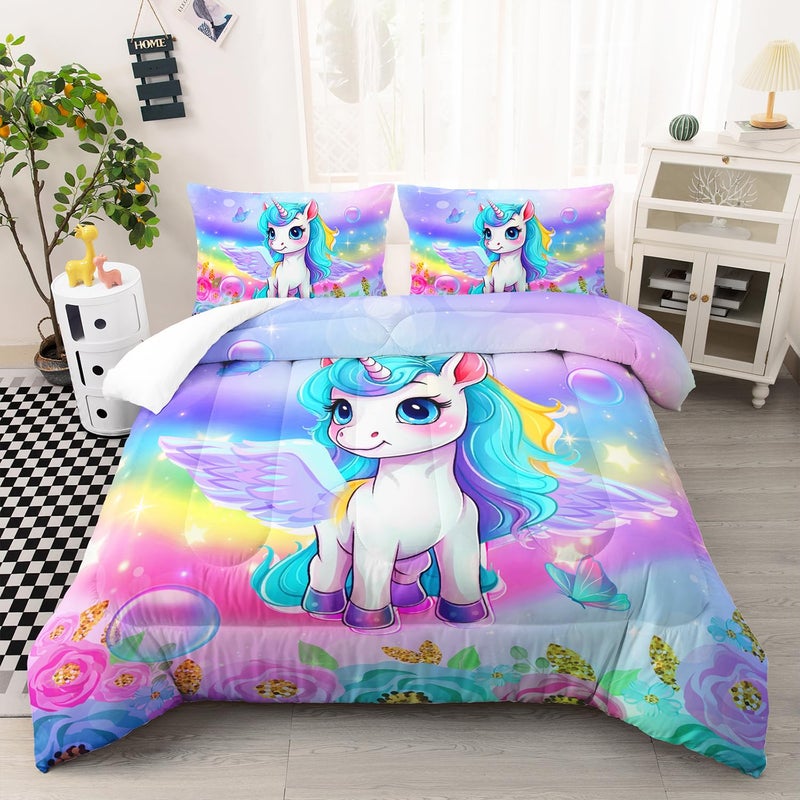 XYNHML Kid Unicorn Comforter Set Twin Size 3Pcs Butterfly Rainbow Flower Star Pattern Quilt Bedding Set for Boys Girls with 1 Comforter and 2 Pillowcases - Image 2