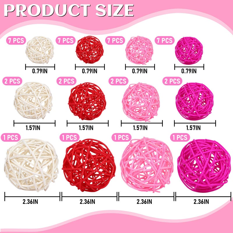 SANNIX 40 Pack Valentines Day Decorations Rattan Balls, 3 Sizes Wicker Balls for Home Decor Party Ornaments Baby Shower Table Decor Decorative Orbs Bowl Vase Fillers (Red Pink White) - Image 2
