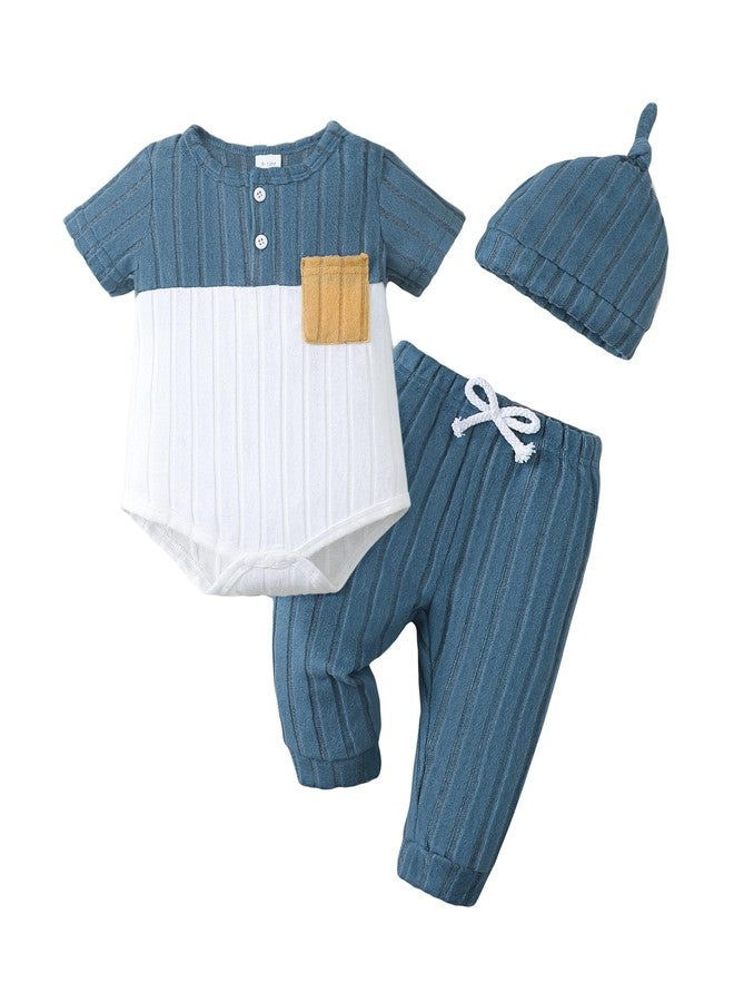 Renotemy Preemie Newborn Boy Spring Summer Clothes Gifts Casual Navy Blue Short Sleeve Button Rompers Baby Boys Pocket Color Block Premature Bodysuit Elastic Waist Long Pants Outfits Set with Hat - Image 1