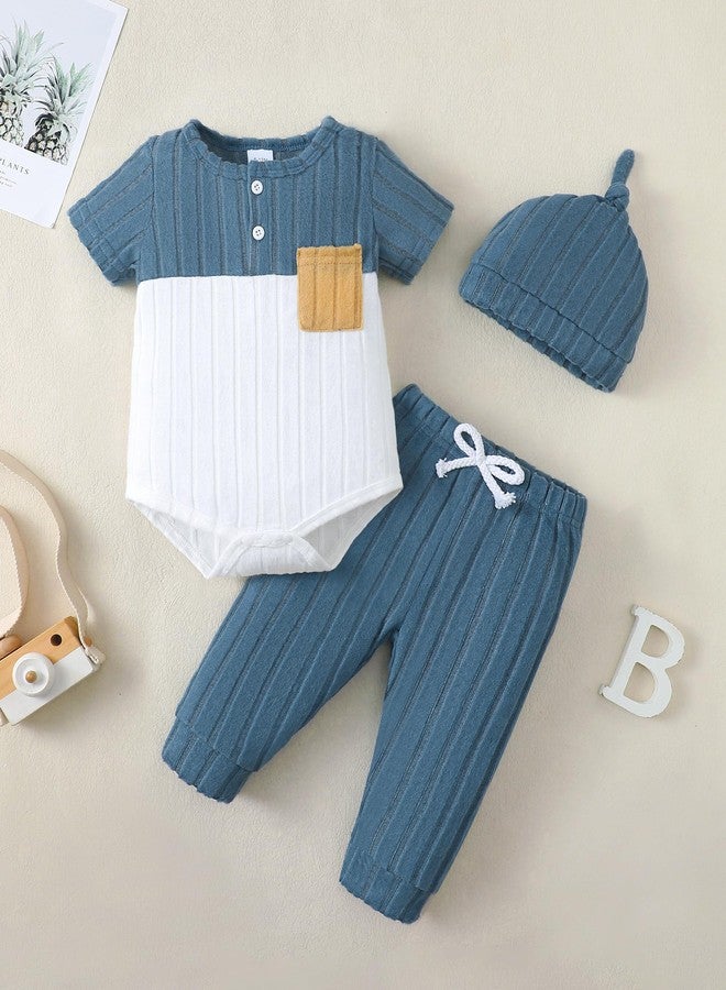 Renotemy Preemie Newborn Boy Spring Summer Clothes Gifts Casual Navy Blue Short Sleeve Button Rompers Baby Boys Pocket Color Block Premature Bodysuit Elastic Waist Long Pants Outfits Set with Hat - Image 4