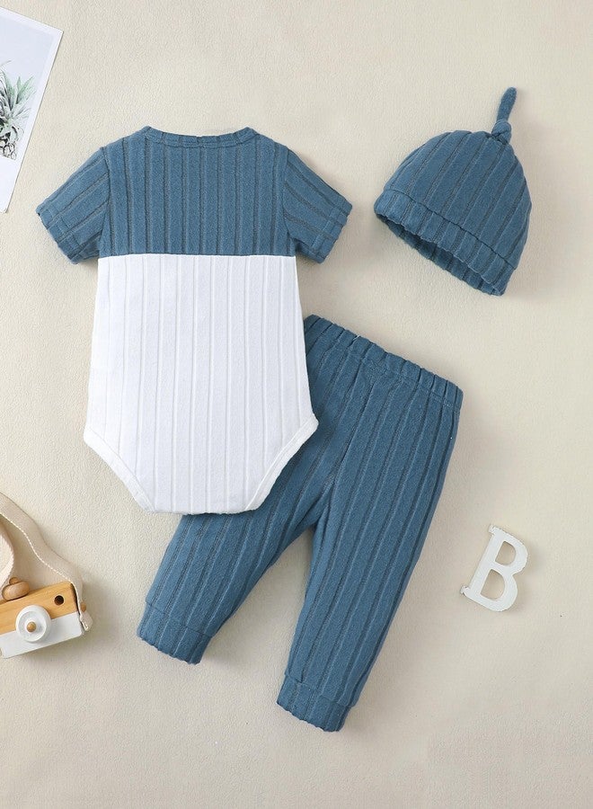 Renotemy Preemie Newborn Boy Spring Summer Clothes Gifts Casual Navy Blue Short Sleeve Button Rompers Baby Boys Pocket Color Block Premature Bodysuit Elastic Waist Long Pants Outfits Set with Hat - Image 5