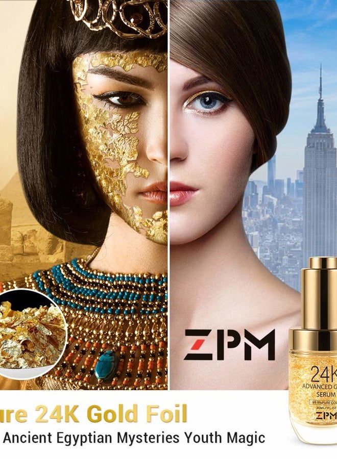 ZPM سيروم الوجه المضاد للشيخوخة 24K ذهب مرطب غني بفيتامين C، حمض الهيالورونيك، كريم فيتامين E لتقليل التجاعيد نهارًا وليلاً، إعادة تنشيط شباب البشرة (1FL.OZ) - Image 2