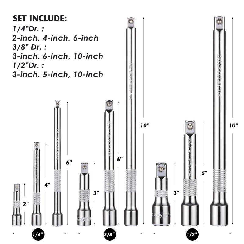 MIXPOWER 9-Piece Extension Bar Set, 1/4", 3/8" and 1/2" Drive Socket Extension Bar, CR-V, Mirror Finish - Image 5