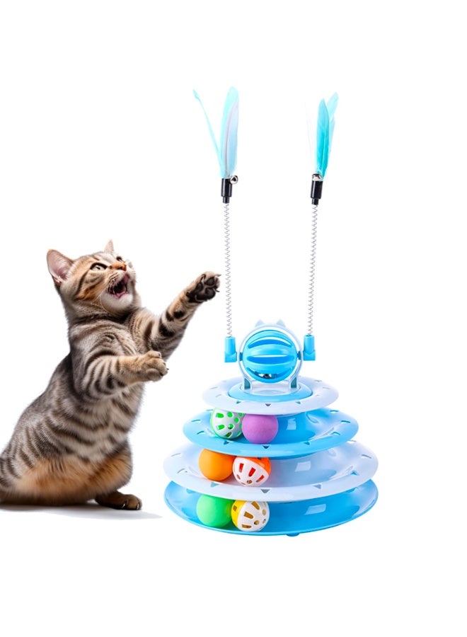 ألعاب القطط الصغيرة، ألعاب ألغاز تفاعلية للقطط المنزلية، برج القطط مع لعبتين للقطط ومسار كرات (أزرق) - Image 1