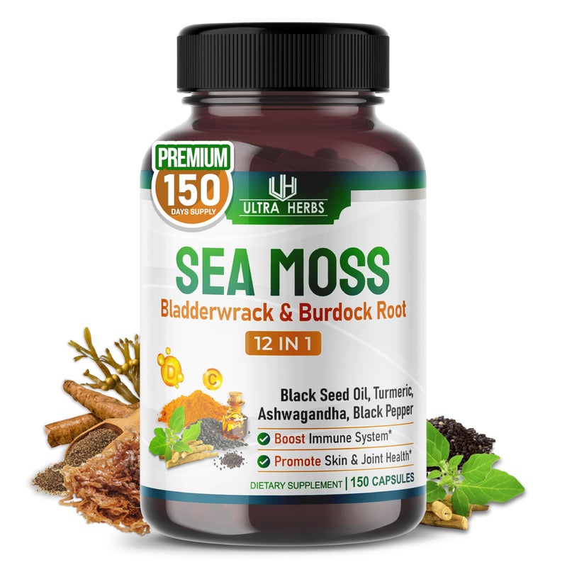 ULTRA HERBS Organic Sea Moss Capsules with Black Seed Oil Ashwagandha Burdock Root Bladderwrack for Immune System Gut Skin Energy USA Made Tested 150 Count Pack of 1