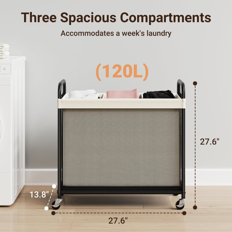 ELYKEN Laundry Hamper 3 Section, 120L Rolling Laundry Sorter with Removable Liner Bag, Laundry Basket with Wheels, Steel Frame with Metal Handle, Clothes Hamper Cart for Laundry Room & Bedroom - Image 3