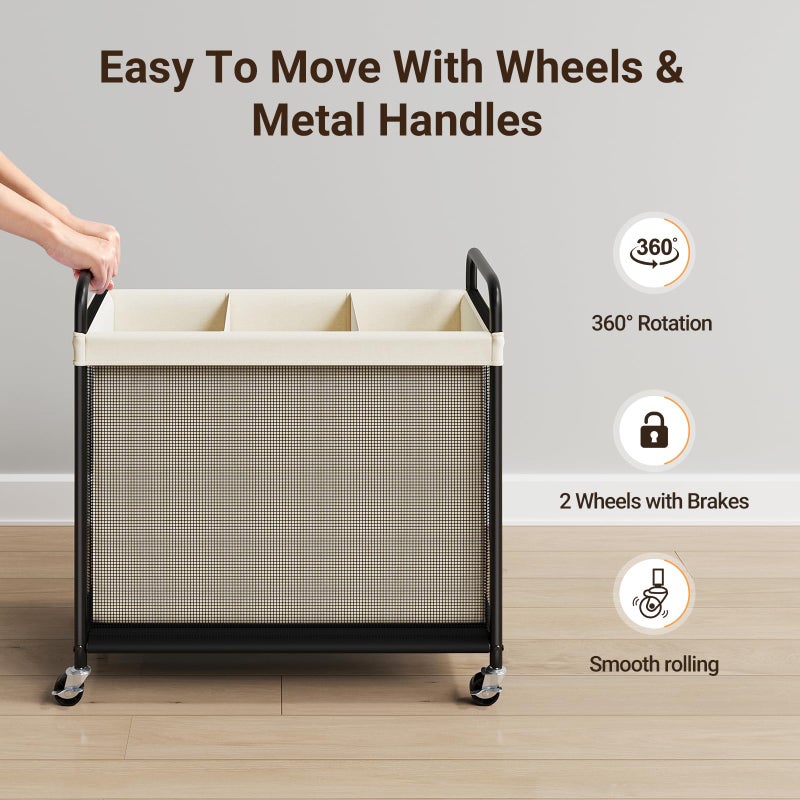 ELYKEN Laundry Hamper 3 Section, 120L Rolling Laundry Sorter with Removable Liner Bag, Laundry Basket with Wheels, Steel Frame with Metal Handle, Clothes Hamper Cart for Laundry Room & Bedroom - Image 5