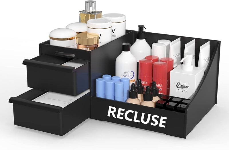 RECLUSE Large Makeup Organizer with Drawers, Black Skincare Organizers on Countertop,Multi-Function Case Holder for Bedroom and Office, Lotions, Perfume,Lipsticks, Nail Polish and Jewellery - Image 1