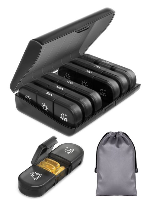 Weekly Pill Organizer 3 Times a Day, Portable Travel Pill Box 7 Day with storage box and bag, Light Proof Pill Case for Vitamins, Medication, Supplements and Fish Oils, ABS High Quality Material