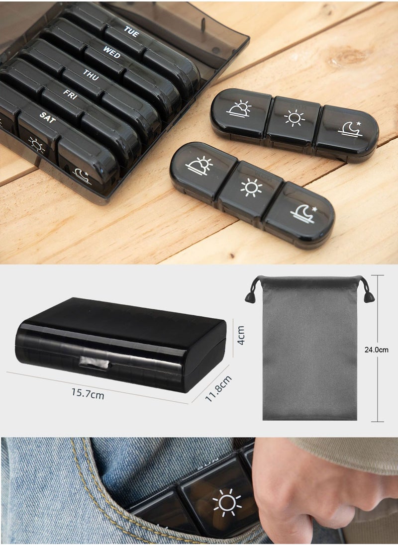 Weekly Pill Organizer 3 Times a Day, Portable Travel Pill Box 7 Day with storage box and bag, Light Proof Pill Case for Vitamins, Medication, Supplements and Fish Oils, ABS High Quality Material