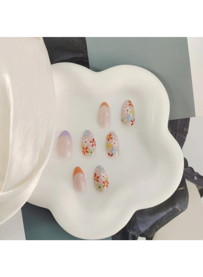 GRITOSE 24 Pcs Almond Press on Nails Short Fake Nails French Tip False Nails with Flower Designs Acrylic Glue on Nails Spring Summer Stick on Nails for Women Girls Nail Art - Image 4