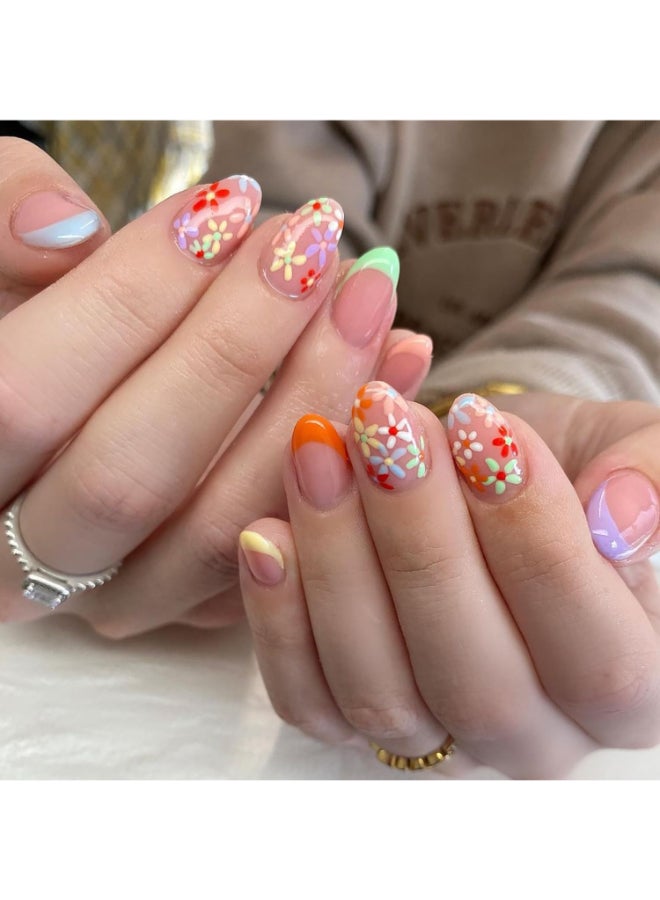 GRITOSE 24 Pcs Almond Press on Nails Short Fake Nails French Tip False Nails with Flower Designs Acrylic Glue on Nails Spring Summer Stick on Nails for Women Girls Nail Art - Image 2