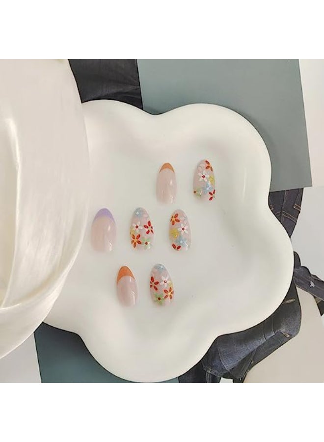 GRITOSE 24 Pcs Almond Press on Nails Short Fake Nails French Tip False Nails with Flower Designs Acrylic Glue on Nails Spring Summer Stick on Nails for Women Girls Nail Art - Image 3