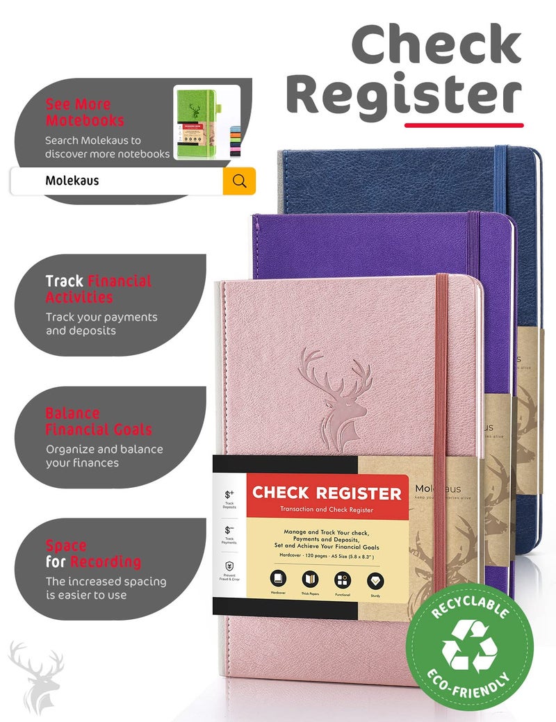 molekaus Check Registers for Personal Checkbook, Checkbook Register for Personal or Business, A5 Hardcover Registers Log to Track Payments, Deposits & Finances Transaction Rose Gold - Image 2