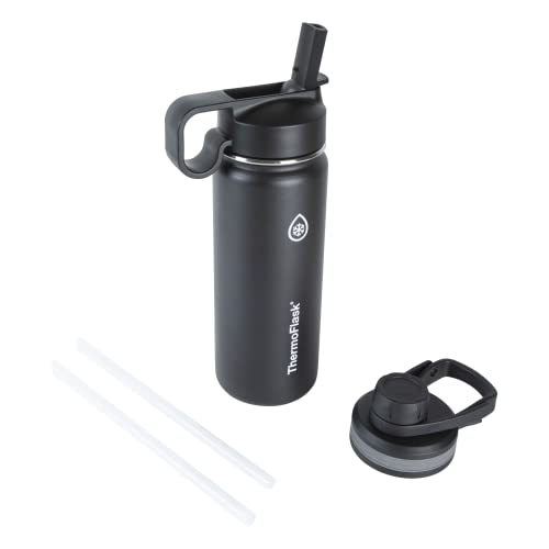 ThermoFlask 18 oz Double Wall Vacuum Insulated Stainless Steel Water Bottle with Spout and Straw Lids, Black - Image 1