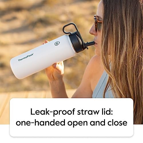 ThermoFlask 18 oz Double Wall Vacuum Insulated Stainless Steel Water Bottle with Spout and Straw Lids, Black - Image 4