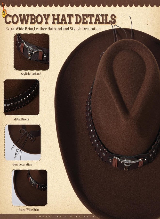 Willheoy Extra-Wide Brim Cowboy Hats for Women Mens Cowgirl Hat Classic Western Hats with Buckle Belt Cowgirl Outfits, Brown, M - Image 3