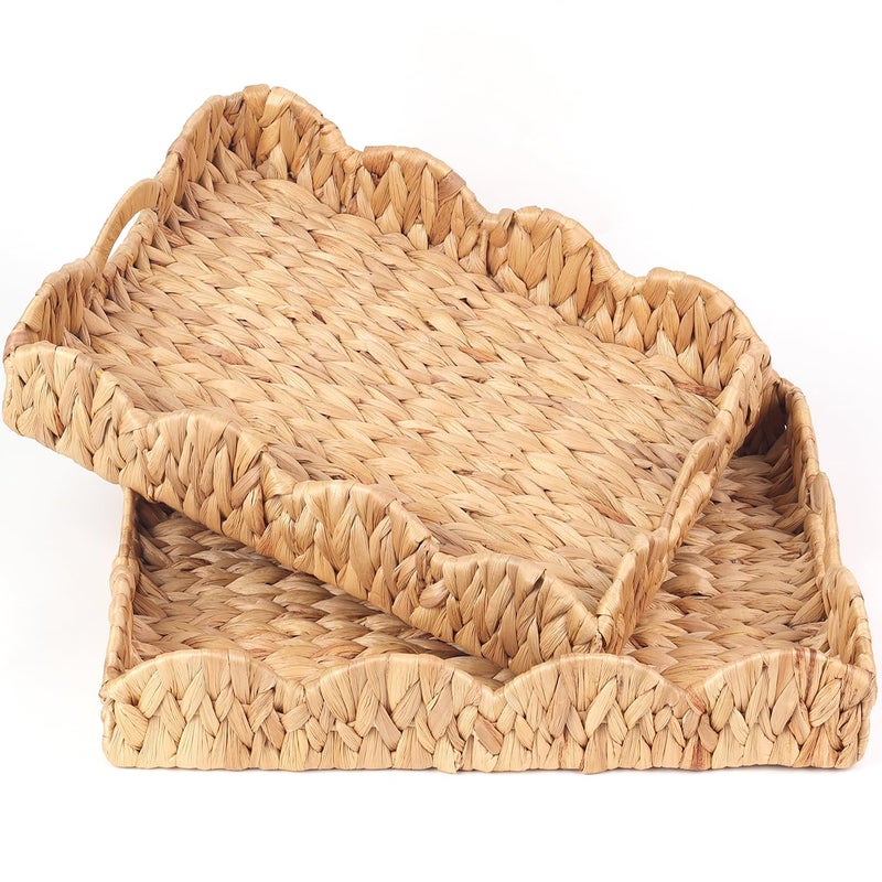 LASIDO 2Pcs - Scalloped Basket, Decorative Basket, Water Hyacinth Tray (17 x 13 x 3 inch - 2Pcs) with Scalloped Edge and Built-in Handles, Rectangle Serving/Woven/Basket/Seagrass Tray - Image 1