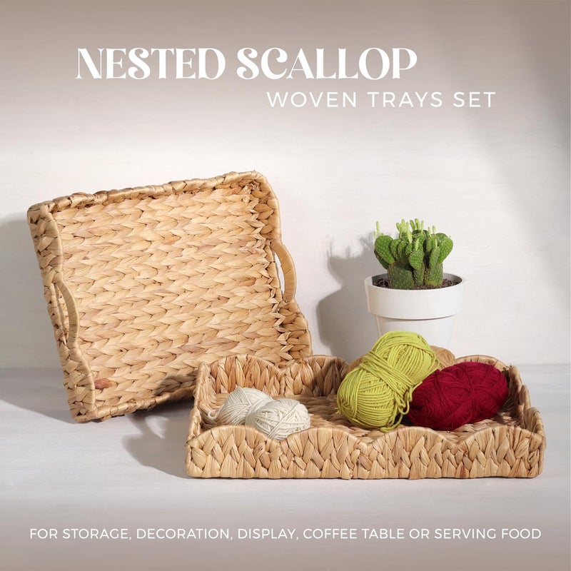 LASIDO 2Pcs - Scalloped Basket, Decorative Basket, Water Hyacinth Tray (17 x 13 x 3 inch - 2Pcs) with Scalloped Edge and Built-in Handles, Rectangle Serving/Woven/Basket/Seagrass Tray - Image 4