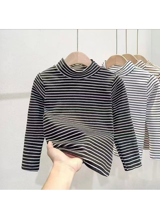 Boys And Girls German Velvet Stripesd Bottoming Shirt Autumn And Winter Medium And Large Kidsren's Half Turtleneck Long-sleeved T-shirt Kidsren's Casual Versatile Tops