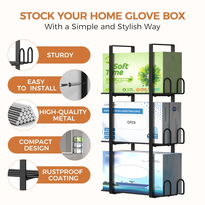 Giftormous Glove Holder Dispenser for Wall Mount, Black Metal Disposable Latex Gloves Holder for Lab, Wall-Mounted Triple Rubber Box Holder, Tissue Rack for Kitchen and Garage - Image 5