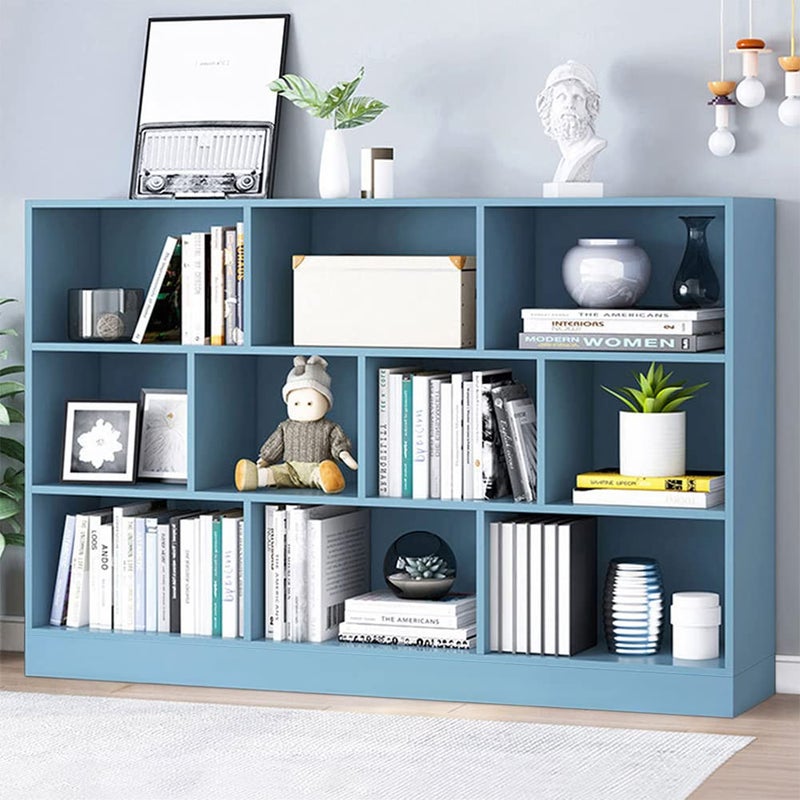 IOTXY IOTXY Open Shelf Low Bookcase  Wooden 3Tier Floor Standing Display Cabinet Organizer with Base 10 Cubes Short Horizontal Bookshelf in Bright Blue