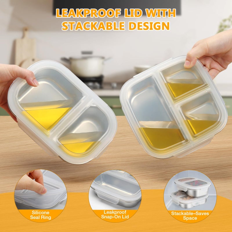 DUNPUTE Stainless Steel Snack Containers with Lids, 2 Pack Stainless Steel Bento Box, Metal Lunch Box with 3 & 2 Compartments, Food Storage for Snacks, Fruit, Sauce, Dishwasher Safe for Travel - Image 4