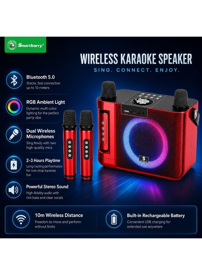 Smartbarry Bluetooth Karaoke M23 Max Speaker with Dual Wireless Microphones, RGB LED Light Ring, Portable Rechargeable Party Speaker System for Home, Outdoor Singing & Family Entertainment - Image 5