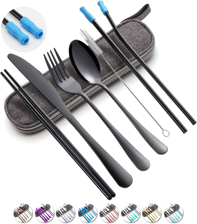 OASMU Travel Utensils Set with Case Reusable Portable Cutlery Set Stainless Steel 8pcs Including Dinner Knife Fork Spoon Chopsticks straws(Black) - Image 1