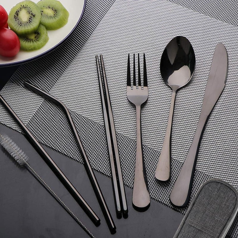 OASMU Travel Utensils Set with Case Reusable Portable Cutlery Set Stainless Steel 8pcs Including Dinner Knife Fork Spoon Chopsticks straws(Black) - Image 2