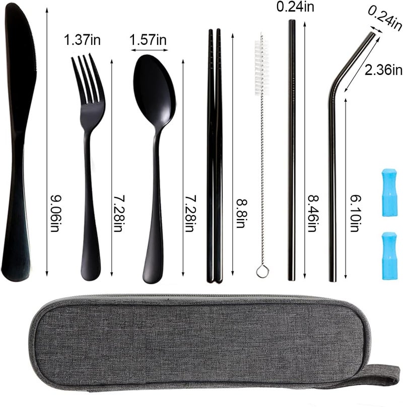 OASMU Travel Utensils Set with Case Reusable Portable Cutlery Set Stainless Steel 8pcs Including Dinner Knife Fork Spoon Chopsticks straws(Black) - Image 3