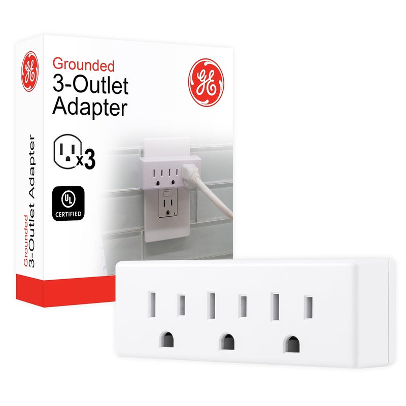 GE 3Outlet Extender Wall Tap Grounded Adapter Plug Indoor Rated 3Prong Perfect for Travel UL Listed White 52203