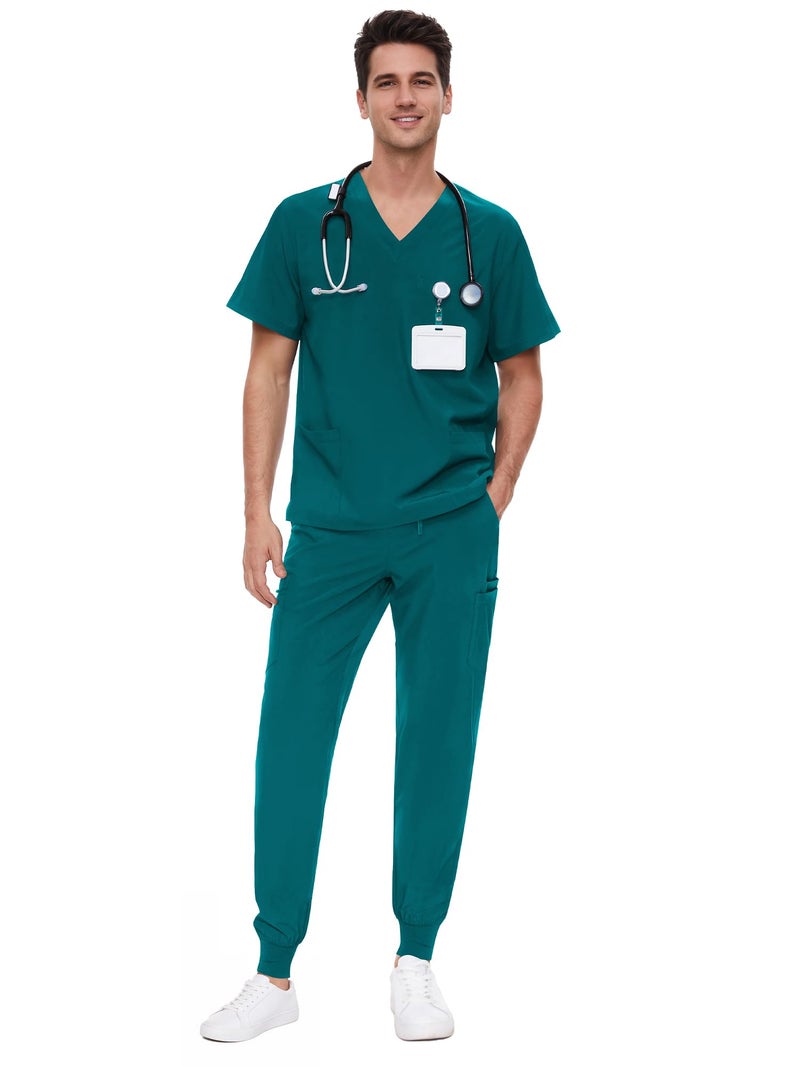 COZYFIT Scrubs for Men - 4 Pockets V-Neck Scrub Top and 7 Pockets Jogger Pants Mens Scrubs Set, Caribbean Blue, M - Image 1