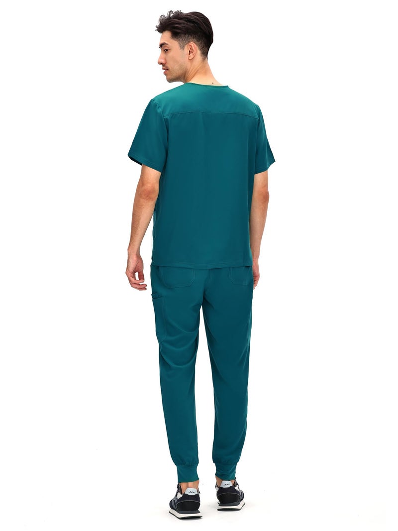 COZYFIT Scrubs for Men - 4 Pockets V-Neck Scrub Top and 7 Pockets Jogger Pants Mens Scrubs Set, Caribbean Blue, M - Image 2