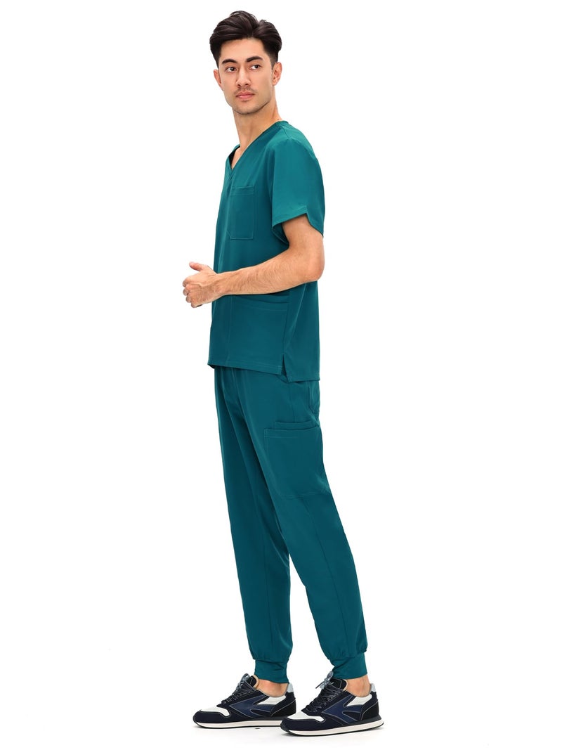 COZYFIT Scrubs for Men - 4 Pockets V-Neck Scrub Top and 7 Pockets Jogger Pants Mens Scrubs Set, Caribbean Blue, M - Image 3