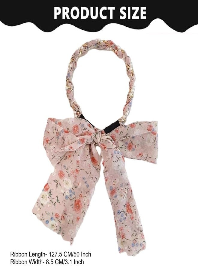 Alexvyan Pink Ribbon Hair Braid Pearl Floral Prints for Women Hair Band Headbands for Women Girls Long Ribbon Satin Fabric Hairband for Girls Fashion Party Prom Head Band Decorative Headband - Image 3