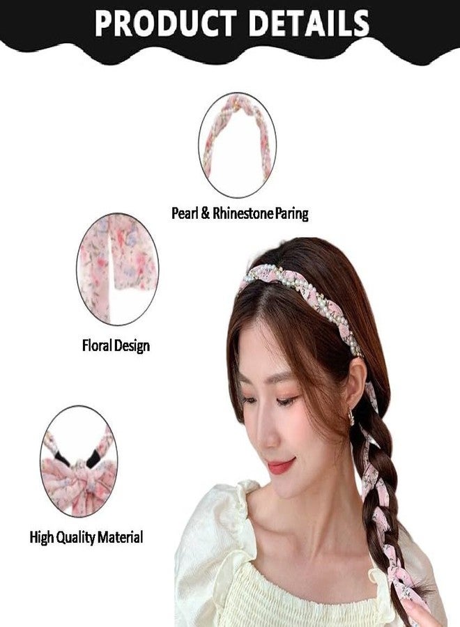 Alexvyan Pink Ribbon Hair Braid Pearl Floral Prints for Women Hair Band Headbands for Women Girls Long Ribbon Satin Fabric Hairband for Girls Fashion Party Prom Head Band Decorative Headband - Image 2