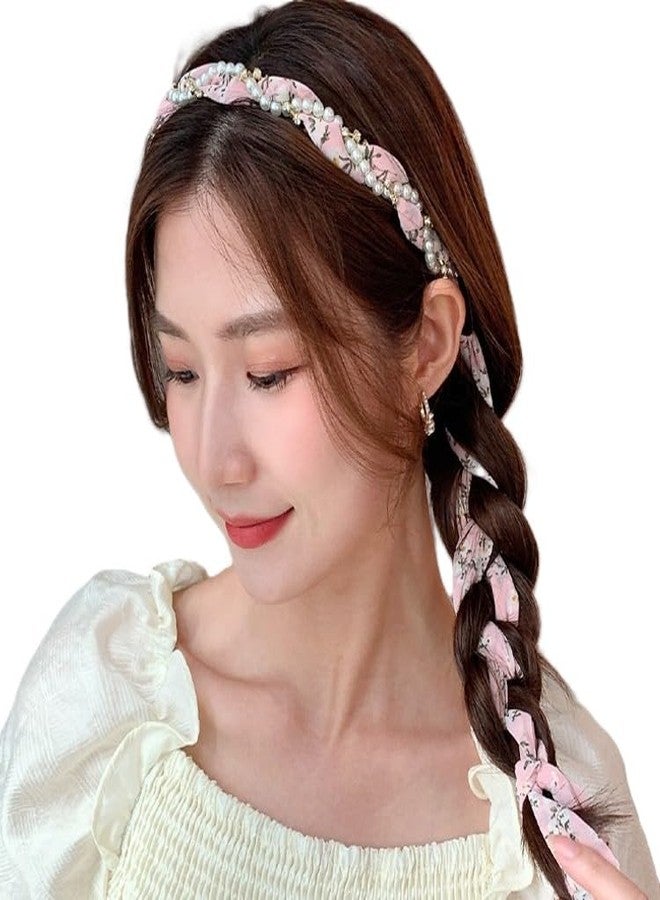 Alexvyan Pink Ribbon Hair Braid Pearl Floral Prints for Women Hair Band Headbands for Women Girls Long Ribbon Satin Fabric Hairband for Girls Fashion Party Prom Head Band Decorative Headband - Image 5
