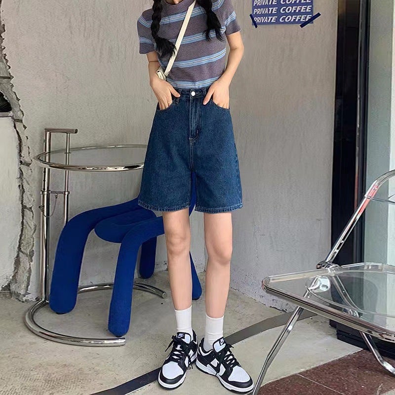 High-Waisted Denim Shorts For Women, Summer 2022 New Loose A-Line Straight Wide-Leg Knee-Length Thin Slimming Mid-Length Shorts - Image 3