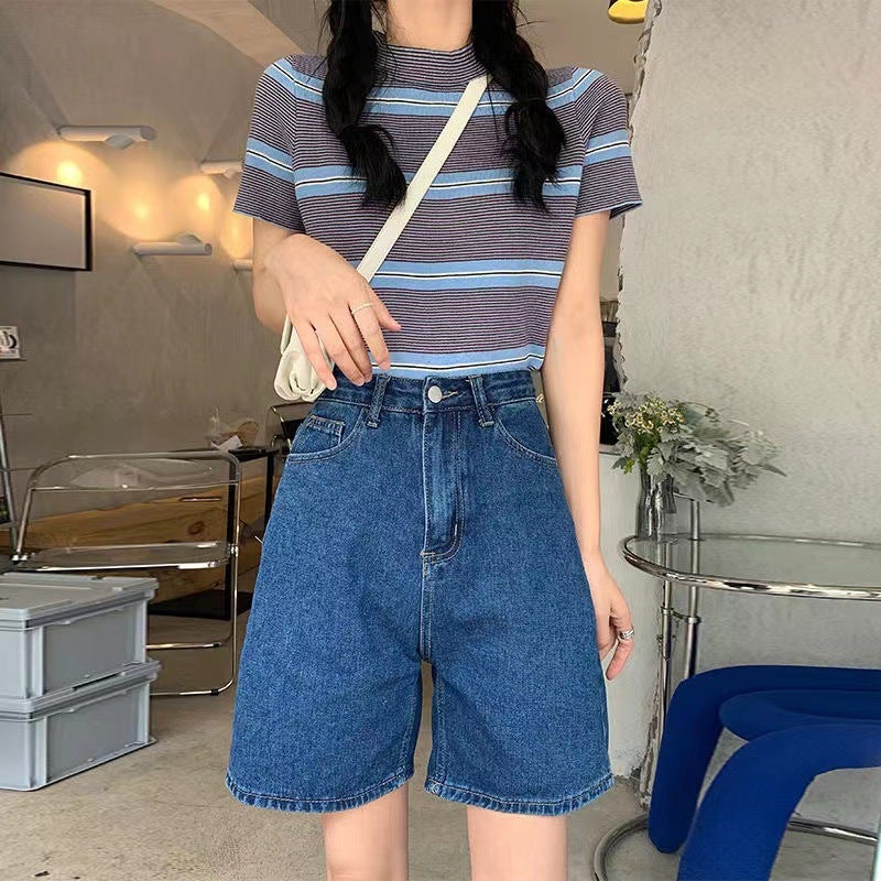 High-Waisted Denim Shorts For Women, Summer 2022 New Loose A-Line Straight Wide-Leg Knee-Length Thin Slimming Mid-Length Shorts - Image 4