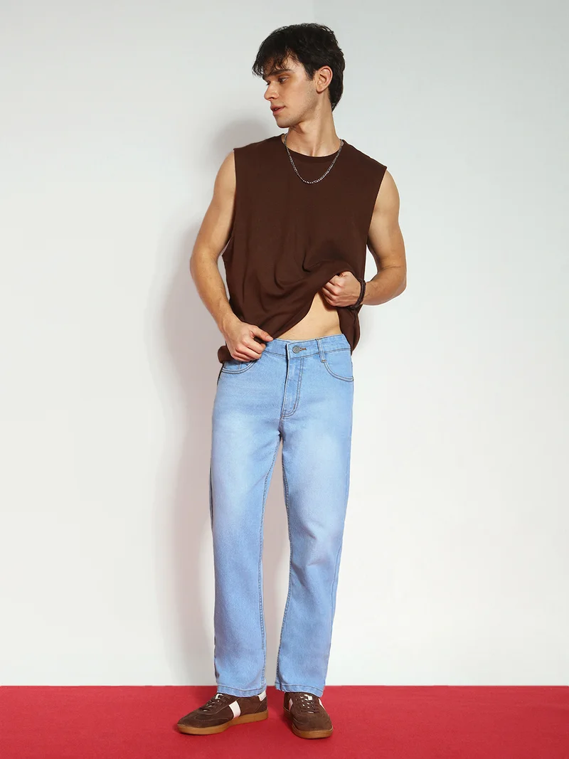 Urbano Fashion  Urbano Fashion Men's Ice Blue Straight Fit Washed Jeans Stretchable for Men | Best Price UAE