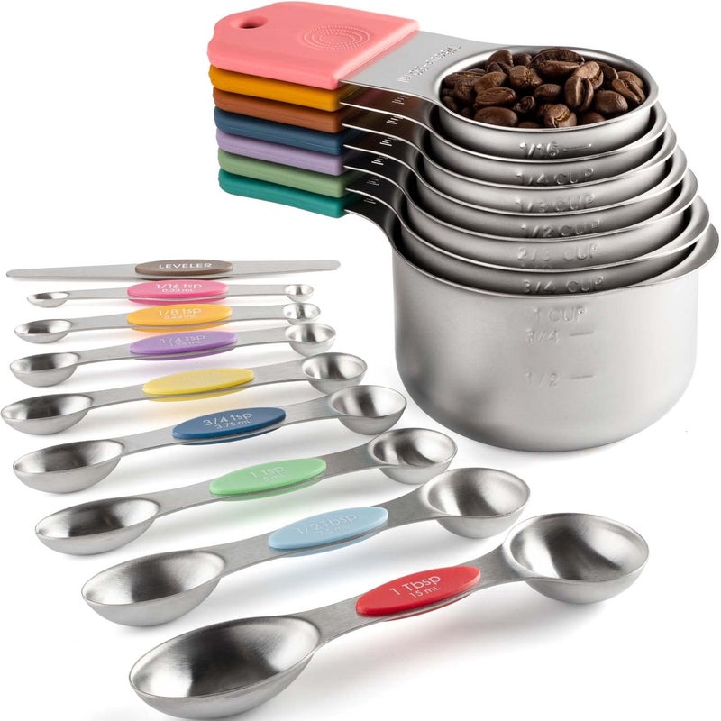 Magnetic Measuring Cups and Spoons Set Including 7 Stainless Steel Heavy Duty Measuring Cup 8 Double Sided Measuring Spoons with 1 Leveler for Dry and Liquid Ingredients Color
